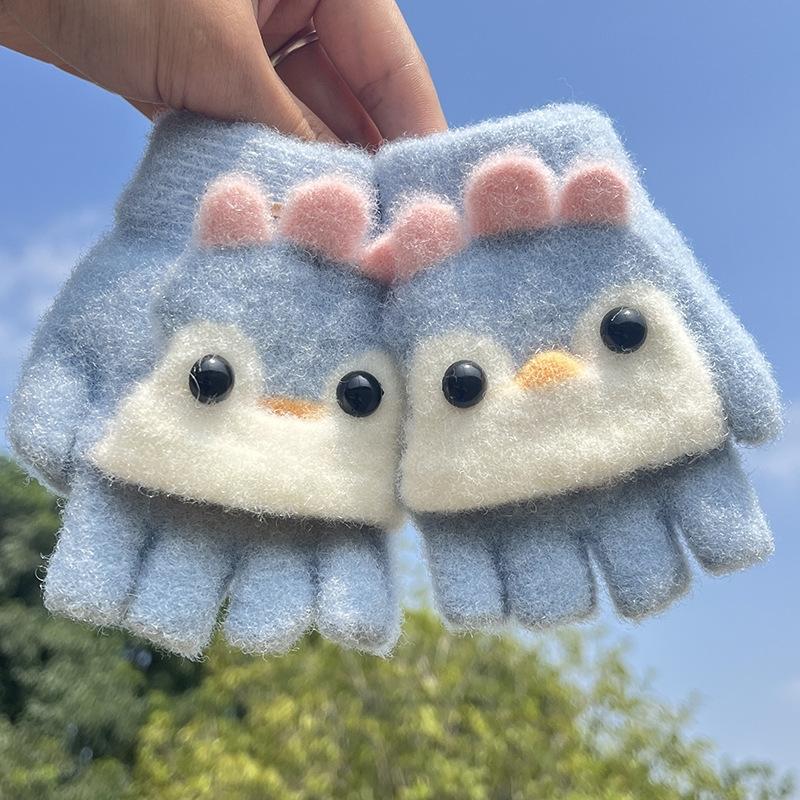 Children Five Finger Gloves Winter Boy Thickened Half Finger Mittens Girl Kid Knitted Mitten Winter Cartoon Warm Flip Gloves