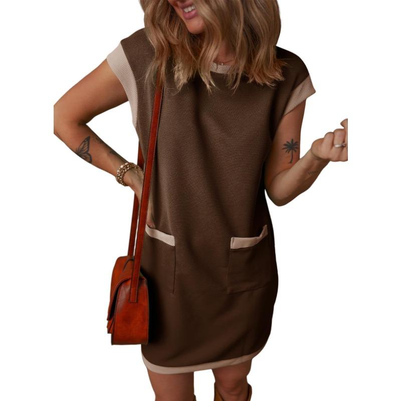 Frühlings- und Sommerkleid mit hochklappbaren Taschenärmeln und Farbblockmuster