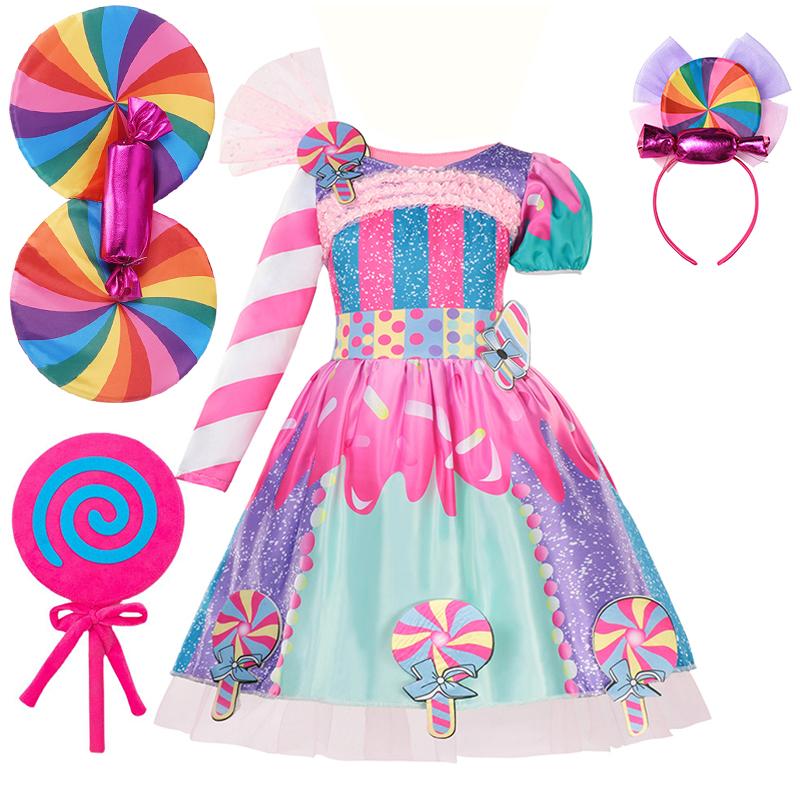Girls Purim Festival Lollipop Costume Chidrens Puff Sleeve Candy Costume Kids Sweet Lollipop Print Birthday Party Dresses