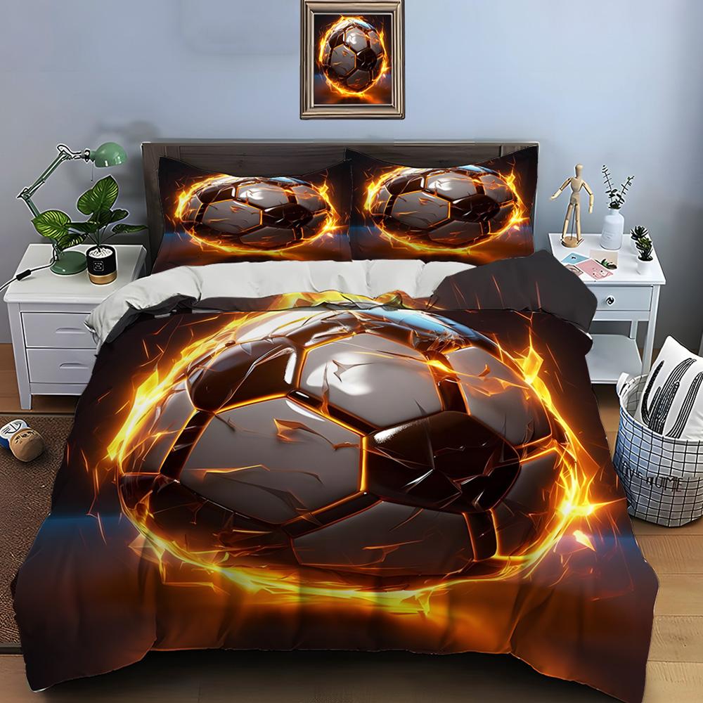 Flaming Soccer Ball print Bedding Set for Kids Luxury Gift 3pcs Digital Print Comforter Set Soft Comfortable Breathable