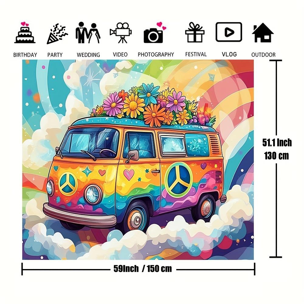 Fondo psicodélico de autobús hippie y margaritas retro para fiesta - Decoración multifuncional de tela de poliéster para fiesta de cumpleaños