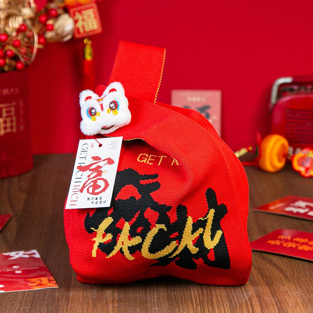 Jahr des Pferdes Roter Knoten Handgelenk Handtasche Cartoon Maskottchen Pony Gestrickte Süßigkeiten Tragetasche Wiederverwendbare Einkaufstasche Geschenkverpackungsbeutel