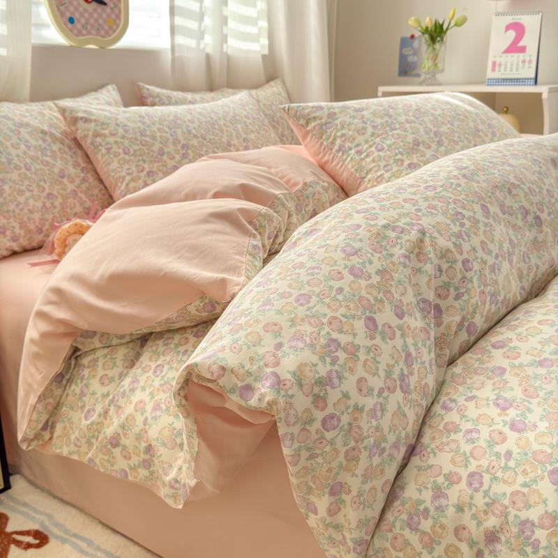 Set de lenjerie de pat de lux cu imprimeu floral, 3 piese, 100% bumbac, set husă de pilotă cu 2 fețe de pernă - Rezistent la șifonare, Respirabil pentru toate anotimpurile