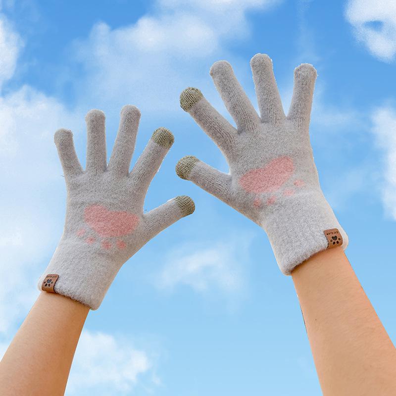 Cartoon Mink Smiley Winter Touchscreen Gloves - Velvet Warmth, Outdoor Cold Protection, Cute Student Design.