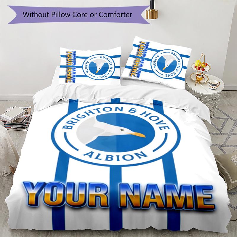 3pcs Brighton & Hove Albion F.C. Cover Set - Personalized Name, HD Printed Bedding with 1 Cover and 2 Pillowcases - Perfect for Home Decor, Easy Care