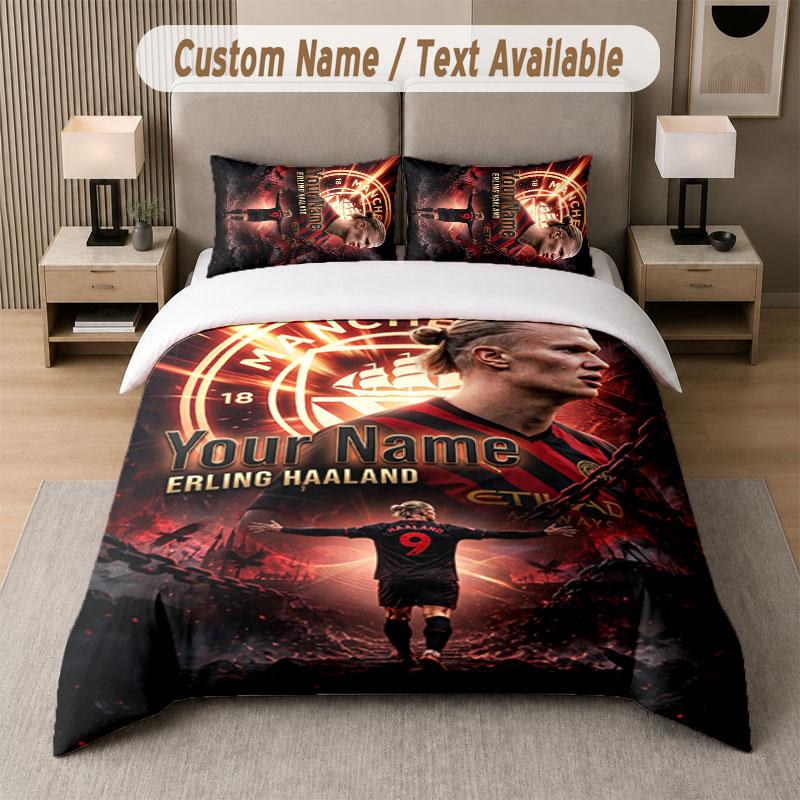 Custom Bedding Set Erling Haaland Pattern, Print Name Text 1 Duvet Cover Plus 2 Pillowcases Home Textile