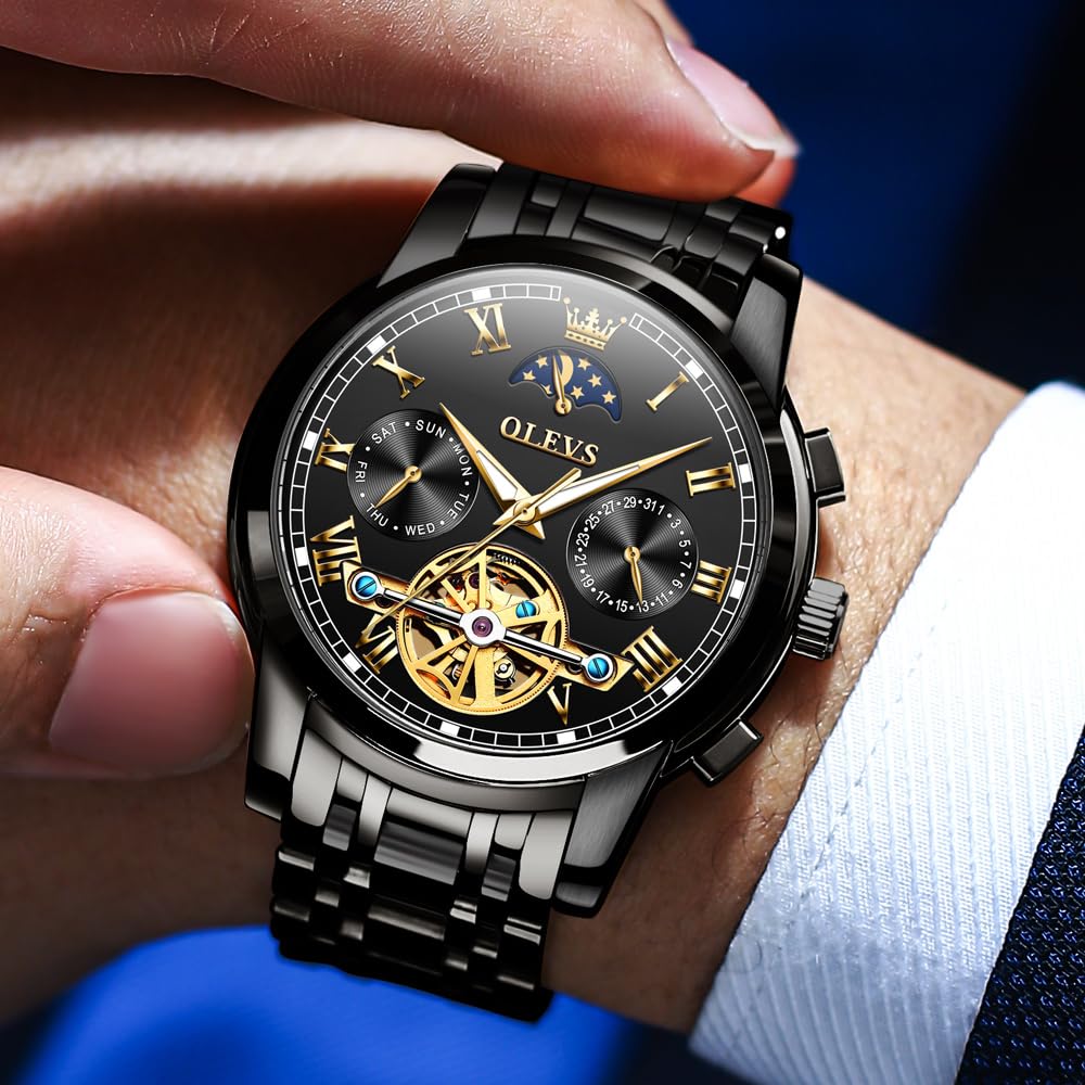 OLEVS Mechanical Automatic Watch with Moon Stylish Skeleton Luminous Hands Men's Phase, Design, Waterproof,