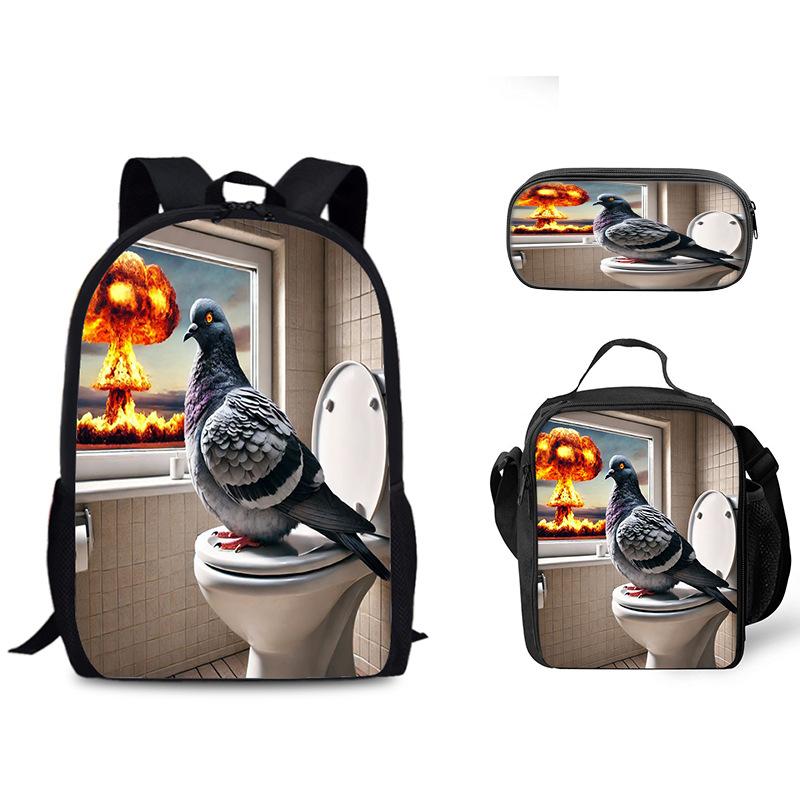 Luxus Beliebt Lustig Neuheit Taube auf Toilette 3D Druck 3Stück/Set Schüler Schultaschen Laptop Tagesrucksack Rucksack Lunchtasche Federmäppchen