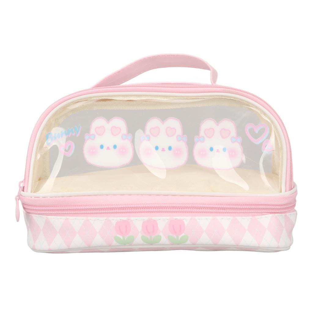 Cute Rabbit Pen Bag Rabbit Pattern Double Layer Waterproof Transparent Kawaii Pencil Case Pink