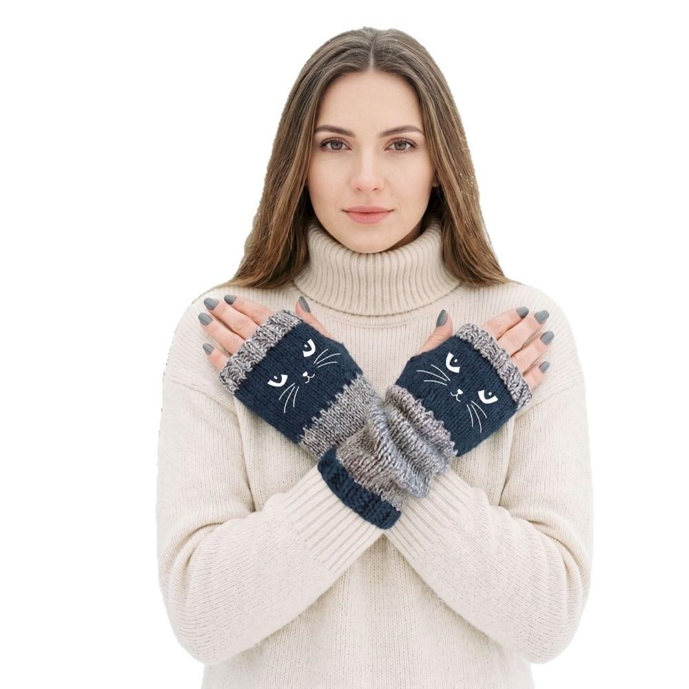 Thick Half Finger Gloves Thickened Cat Embroidery Gloves Vintage Knitted Fingerless Gloves Girls