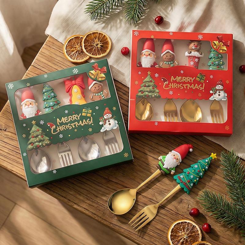 2Pcs Christmas Themed Gold Spoon Fork Set With Cute Santa Gingerbread Tree Handles For Holiday Dinner Parties And Xmas Gift