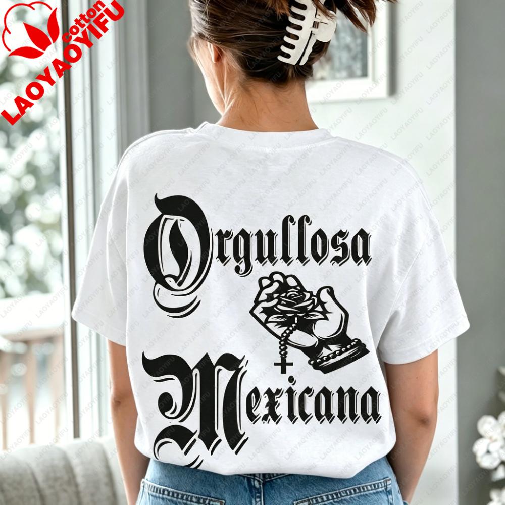 Orgullosa Mexicana Graphic Tshirt Chicano Gothic Font Praying Hands Rose Rosary Cross Mexican Pride Shirt Unisex Fashion Tops S