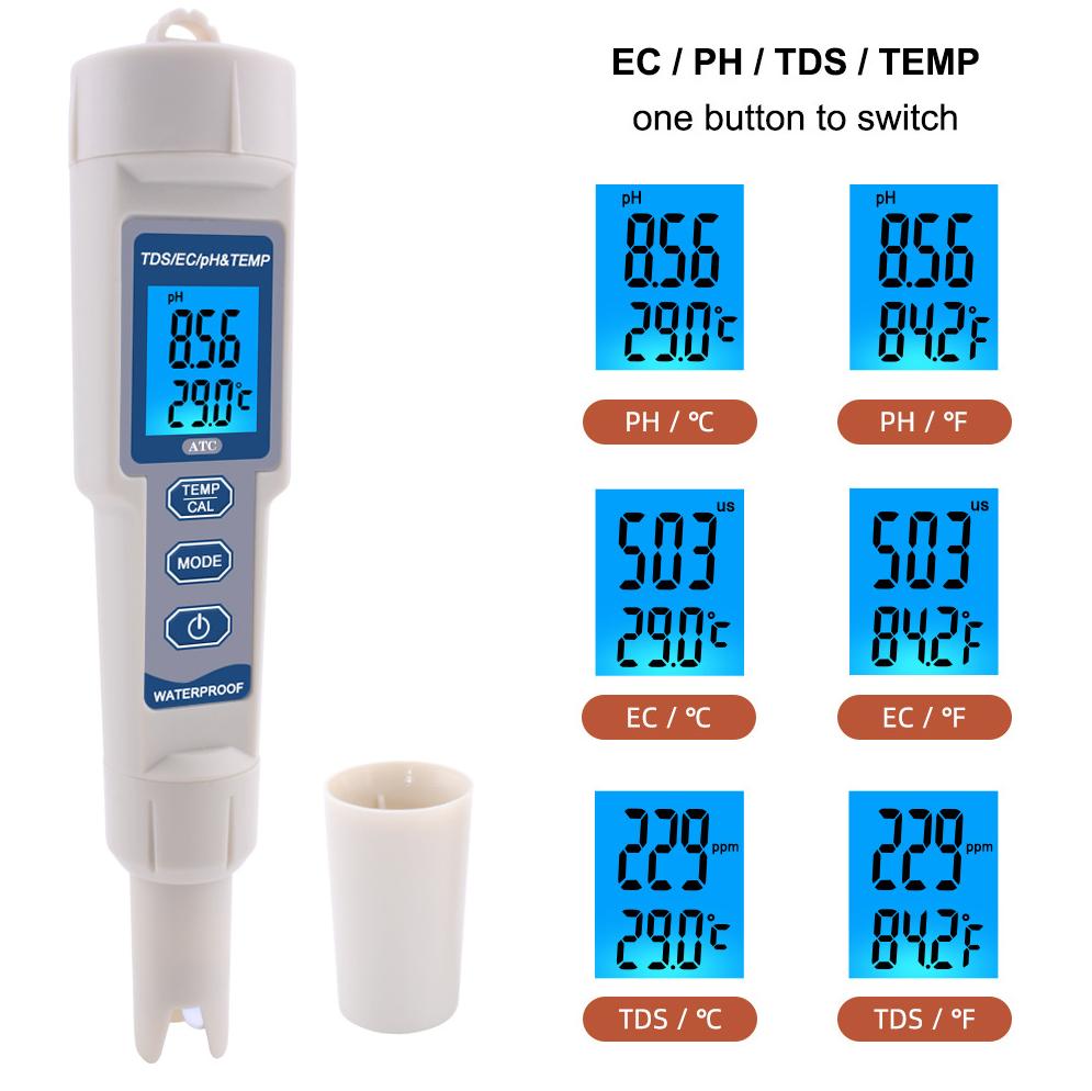 4 in 1 Water Quality Meter PH TDS EC Temp Tester Waterproof PH Meter ATC Water Detector for Pools Drinking Water Aquariums