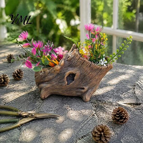 Durable Resin Succulent Pots Tree Stump Flowerpot for Succulents Small Plants, Imitation Wood Grain Planter Natural Style Plant Indoor Home