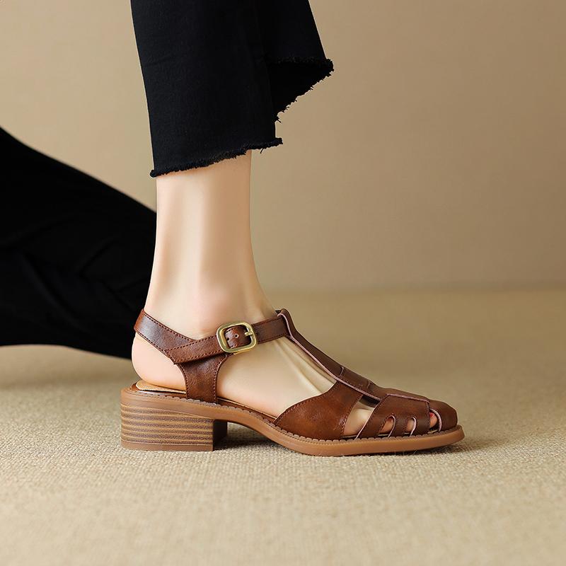 2024 Summer Sandals Cowhide Round Toe Women Sandals Chunky Heel Women Shoes Cover Toe Shoes for Women Hollow Out Mary Jane Shoes