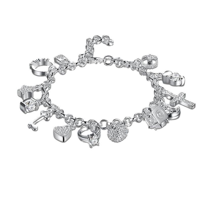 European & American Fashion 925 Sterling Silver-Plated Thirteen Charm Beaded Women's Bracelet