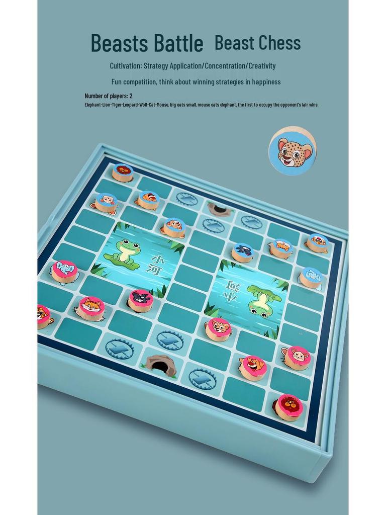 Multifunktionales Holz-Spielbrett: Fliegendes Schach, Dame und Tierkampf für Kinder und Erwachsene