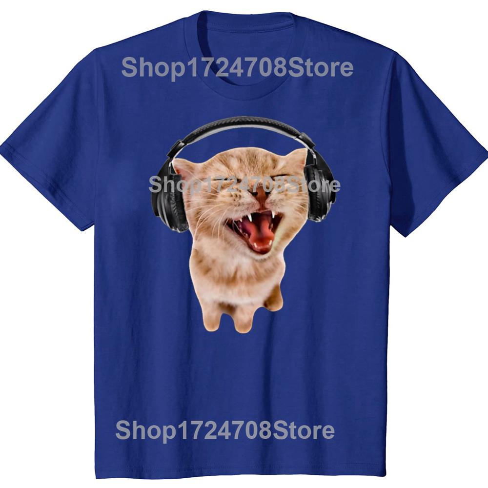 Funny Silly Cat With Headphones Graphic T-shirts Men Women's Fashion Casual Tshirt 100% Cotton Loose Oversized T Shirt