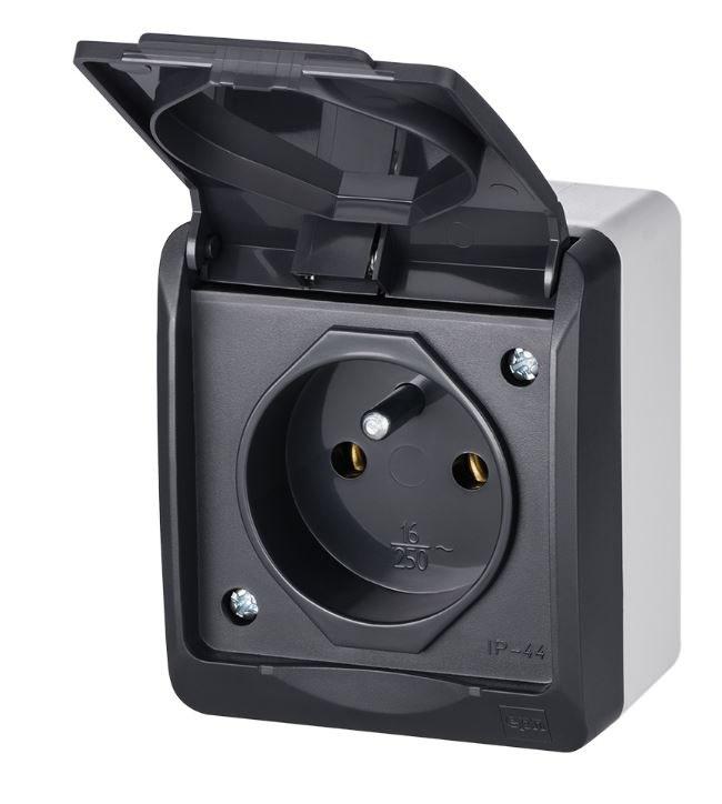 Single socket with grounding, gray/anthracite IP44 HERMES