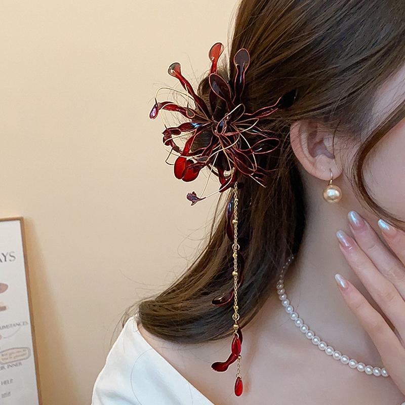 Chinese Style Spider Lily Flower Hair Sticks For Women Dripping Oil Tassel Hairpin Vintage Hanfu Chopsticks Hair Accessories