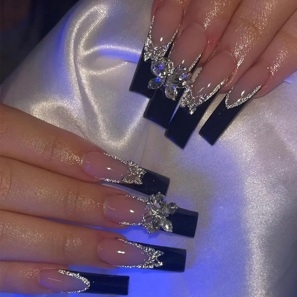 24Pcs Green French Fake Nails With Diamond Gold Butterfly Elegant Long Square Acrylic Artificial Press On Nails