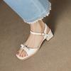 Fashion Pearl Sandals Block Heels Comfort Shoes for Women Large Size Buckle Strap Open Toe Med 2025 Summer Suit Female Beige Chunky Girl