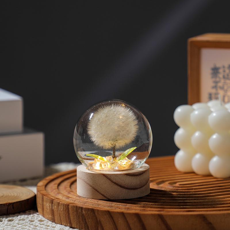 Luminous Dandelion Preserved Flower Bouquet Night Light in Glass Dome - Birthday Gift for Girls or Girlfriend