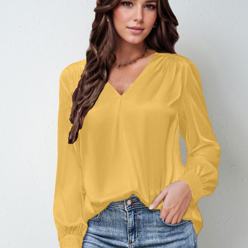 Women's satin pleated long-sleeved top with a V-neck, casual loose tinted commuter shirt