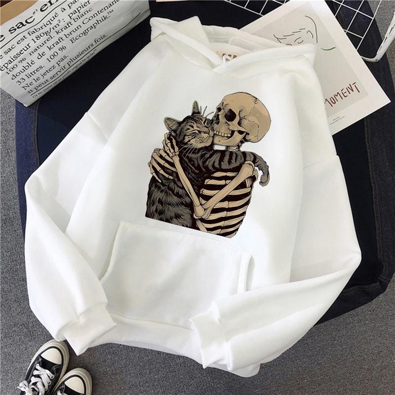 Halloween Skull and Cat Print Kangaroo Pocket Hoodie Autumn Winter Long Sleeve Sweatshirt Women Funny Vintage Hooded 90s Clothes