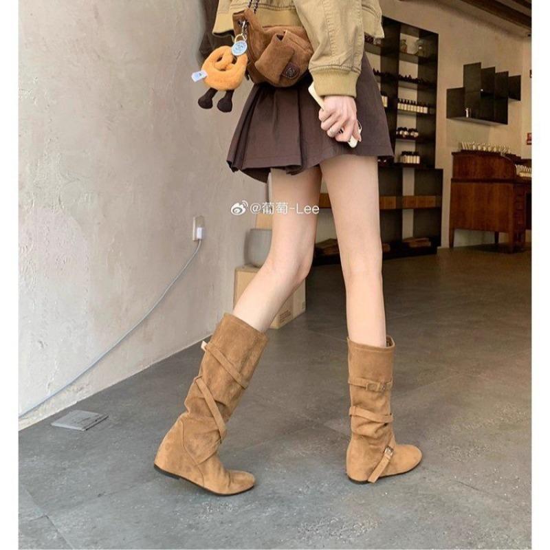 Retro Belt Buckle Medium Boots Women's Autumn and Winter New Thin and Versatile Western Cowboy Boots Inner Height Increase Martin Boots