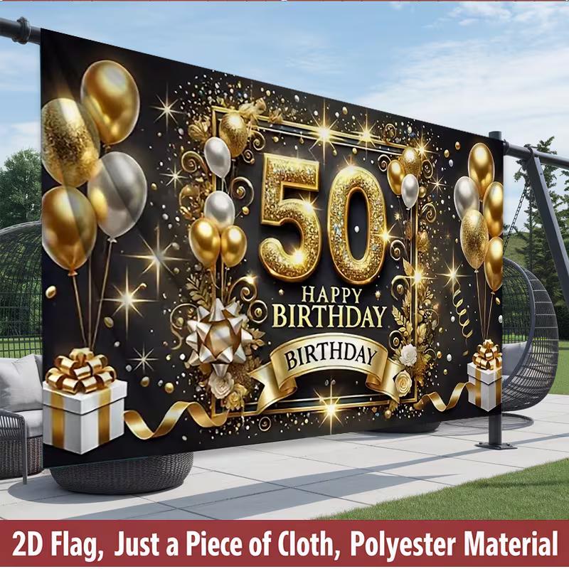 2D Black Gold Happy 50th Birthday Backdrop Glitter Balloon Party Decoration Banner