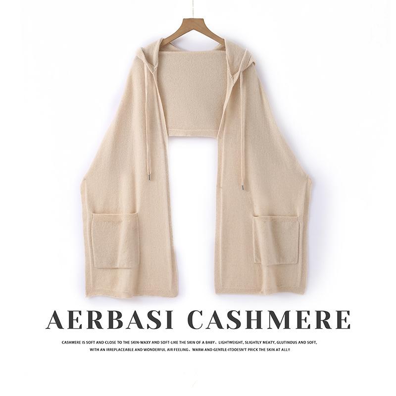 Autumn and winter new high-count high-density belt pocket solid color cashmere knitted scarf belt pocket comfortable women's shawl hat integrated