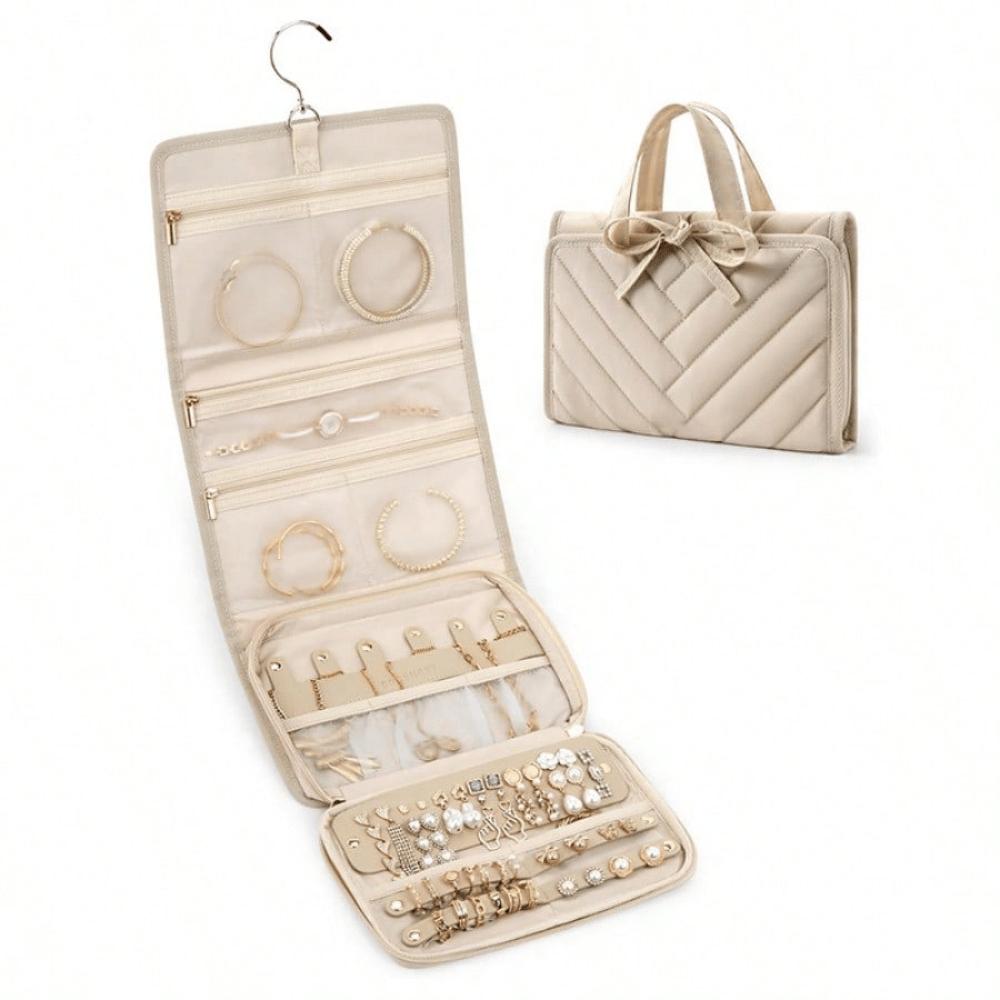 

1Pc Travel Jewelry Storage Box, Foldable Jewelry Roll, Suitable For Travel Rings, Necklaces, Earrings, Bracelets Gifts Women Girls Back To School бежевый