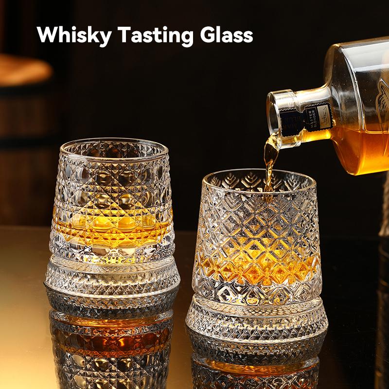 Rotating Whisky Glasses with Glass Base 360 Rotate Degrees Crystal Rum Glass for Cocktail Party Drinking