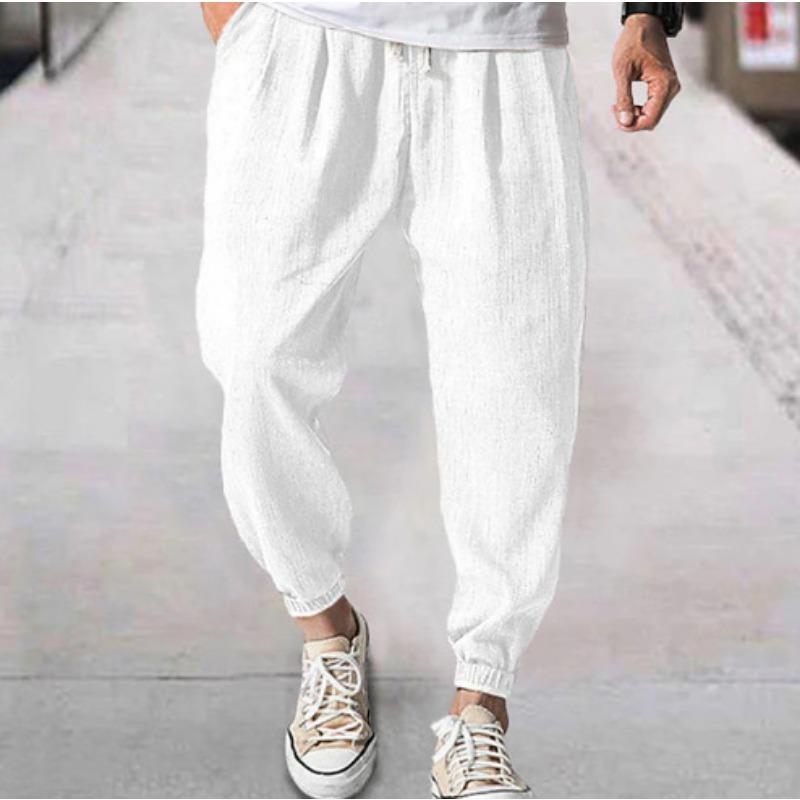 Cotton and Linen Nine Cropped Pants Beach Pants Pocket Drawstring Elastic Waist Solid Color Comfortable and Breathable  Men’s Casual Pants