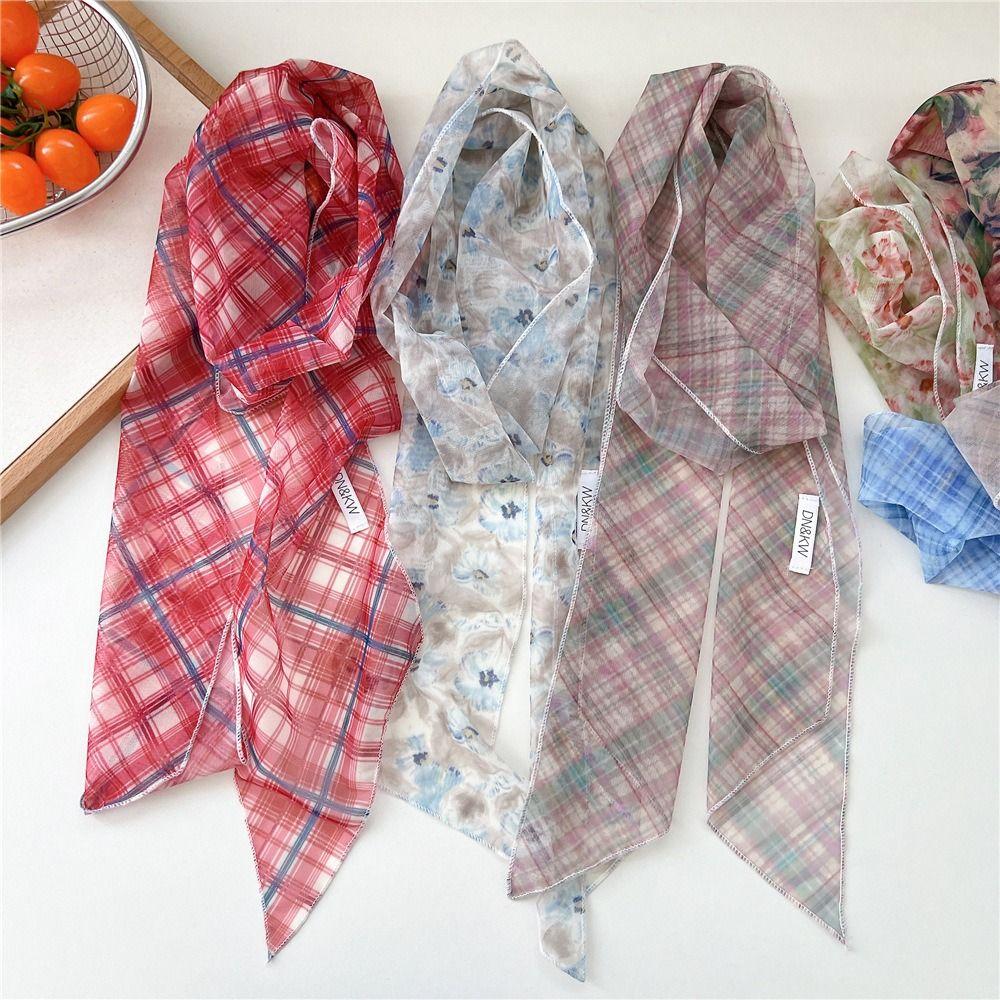Cravat Flower Scarf Bow Ties Long Ribbon Scarves Plaid Pattern Long Silk Scarf  Scarf Accessories