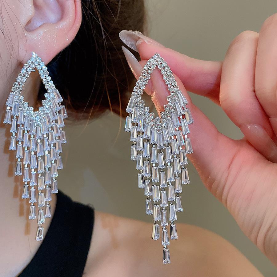 Silver Needle Zircon Geometric Tassel Earrings - Luxury Court Style Fashion Jewelry