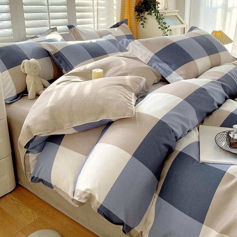 Soft Color Block Checkered Bedding Set Comfy 100% Washed Cotton Blue Plaid Duvet Cover Set King Queen Size Comforter Cover Sheet
