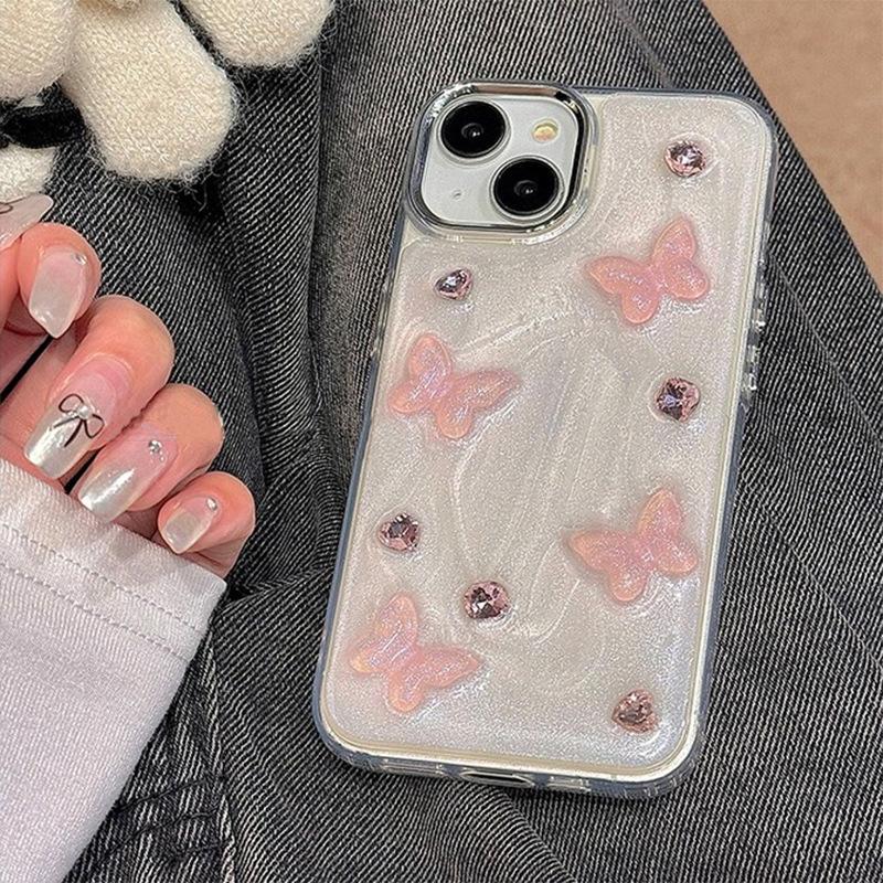 

Glitter butterfly mobile phone case for Iphone17Promax pearl bow tie Apple 16 rhinestone silicone women iPhone 7/8/SE 2020