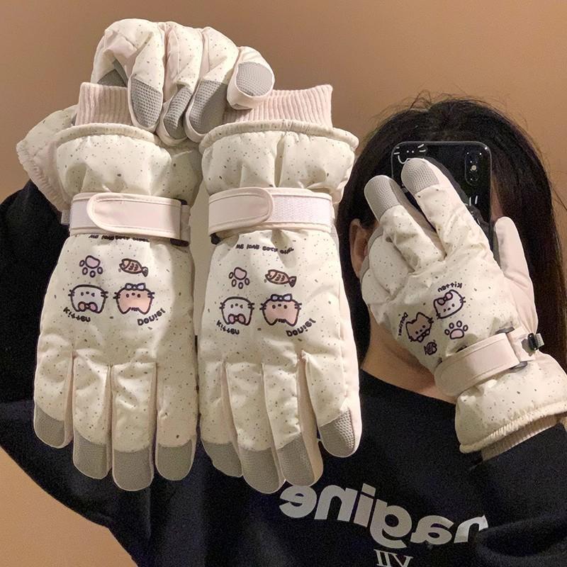 Cute cartoon cat ski gloves female velvet thickened cold-proof riding electric car anti-splashing water