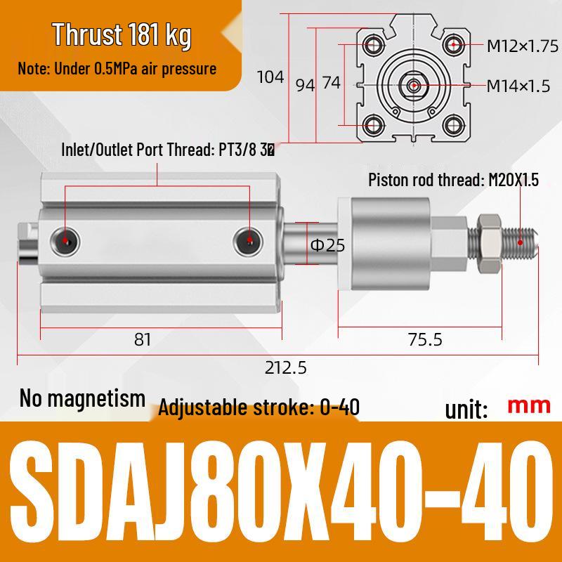 Adjustable Stroke Pneumatic Thin Cylinder - Piston Rod Sizes: 16/20/25/32/40/63