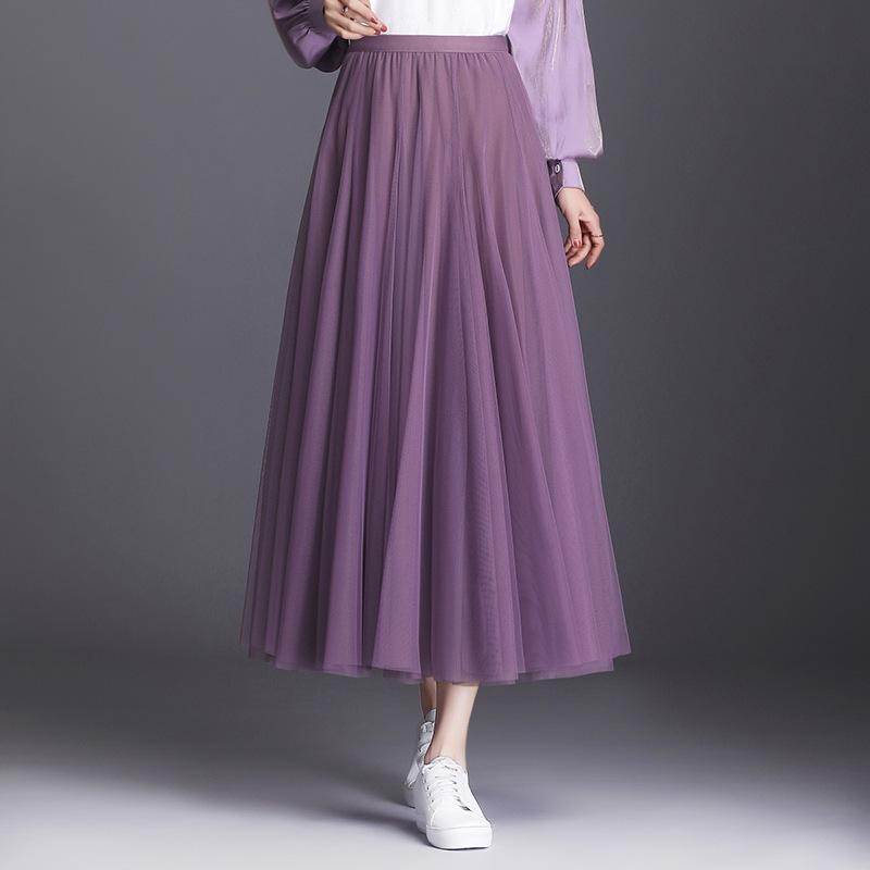 2025 High-Waist A-Line Mesh Skirt: Three-Layer Pleated Fairy Skirt for Spring & Autumn