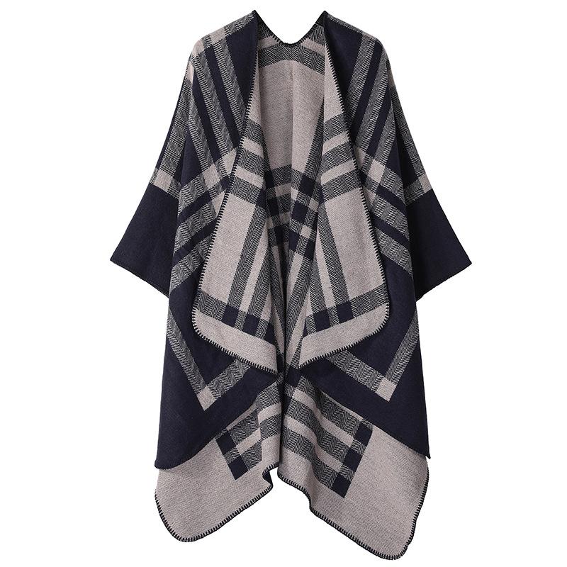 Knitted Wool Plaid Large Shawl With Summer Women'S Thermal Scarf Double-Sided Cape Fashion Cape Thickened