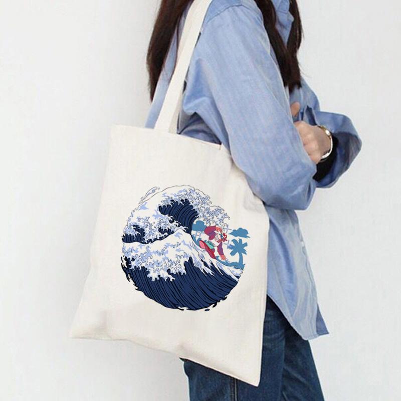 Women Shopper The Great Wave Kanagawa Printed Tote Bag High Capacity Harajuku Handbag Girl Shoulder Shopping Bag Lady Canvas Bag