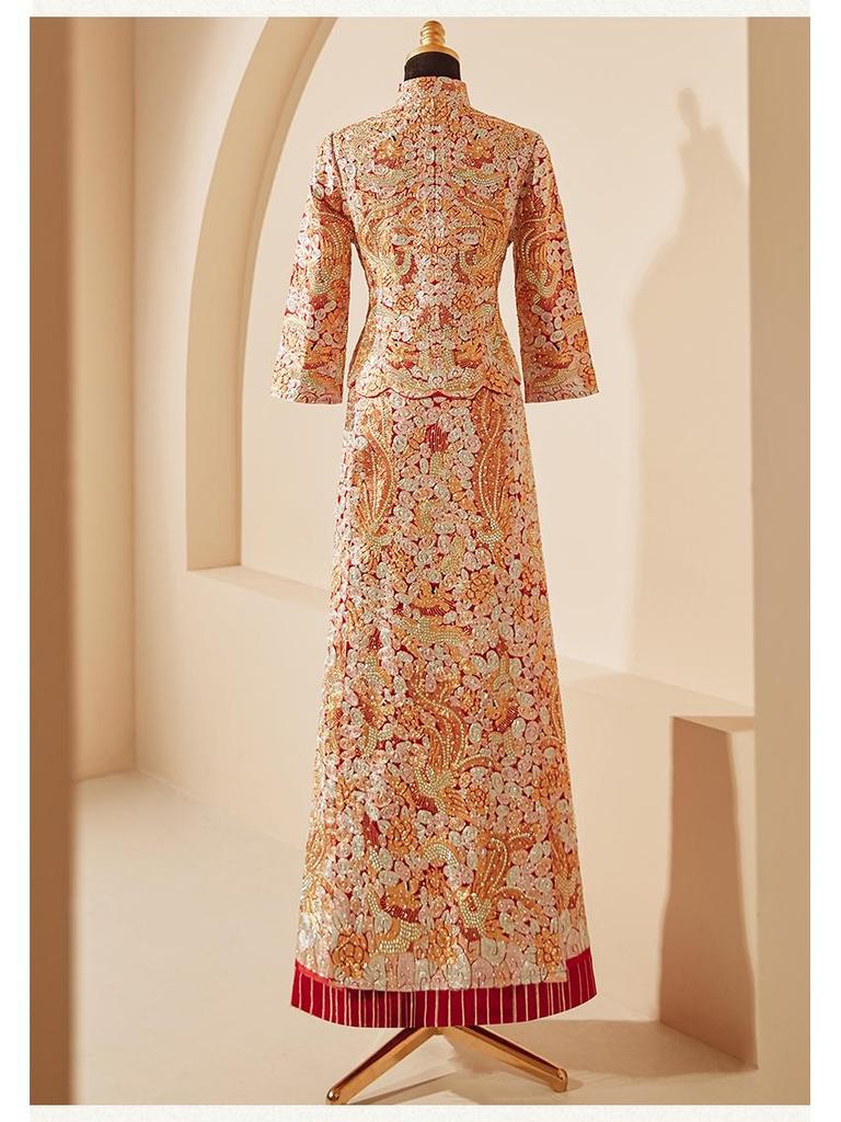 2025 Embroidered Dragon & Phoenix Kua Xiuhe Wedding Dress - Retro Chinese Slim Fit Bridal Toasting Gown