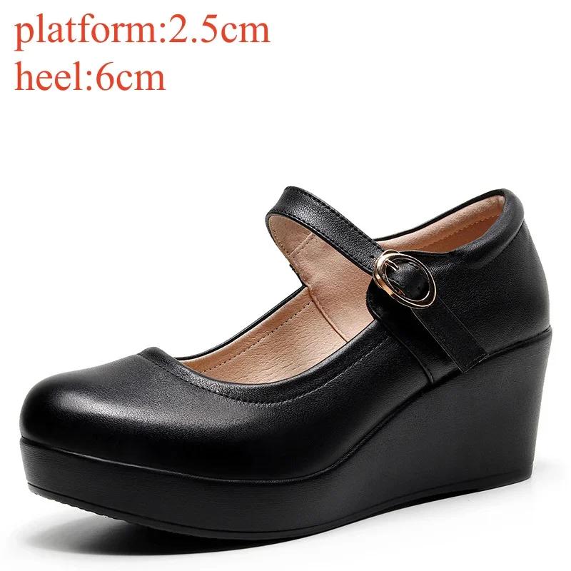 Små Pluss Størrelser 33-43 Ekte Skinnsko Platform Kiler Mary Janes Kvinner Vår 2025 Høye Hæler Pumps for Kontormodell