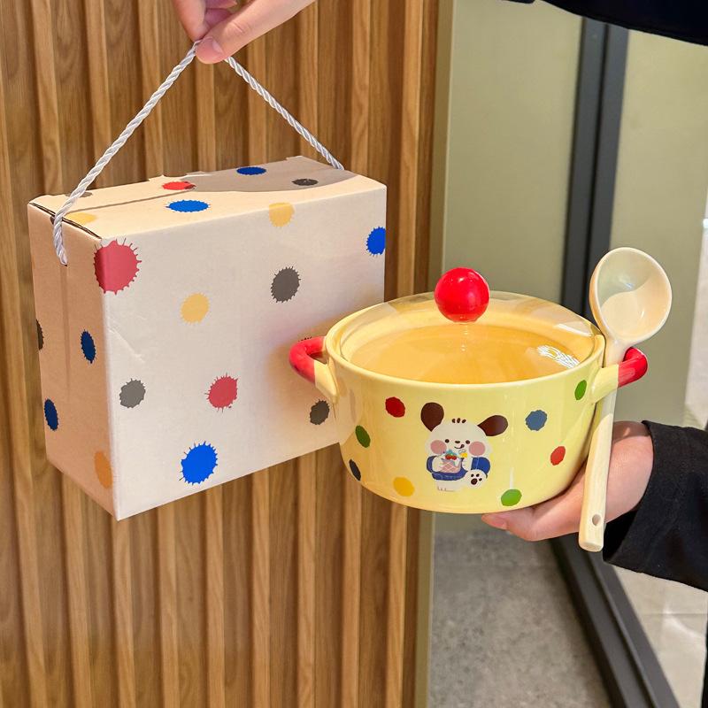 Cream Wind Tableware Cute Ceramic Instant Noodle Bowl with Lid Binaural Soup Bowl Instant Noodle Bowl for Student Dormitory