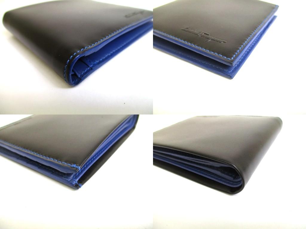 Authentic Salvatore Ferragamo Black Blue Leather Bifold Bill Wallet #b022  Open box
