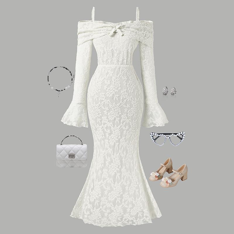 

Одежда для девочек Осень Зима Новое Модное Элегантное Кружевное Платье Бодикон Без Бретелей с Открытыми Плечами и Расклешенными Рукавами 12Y белый