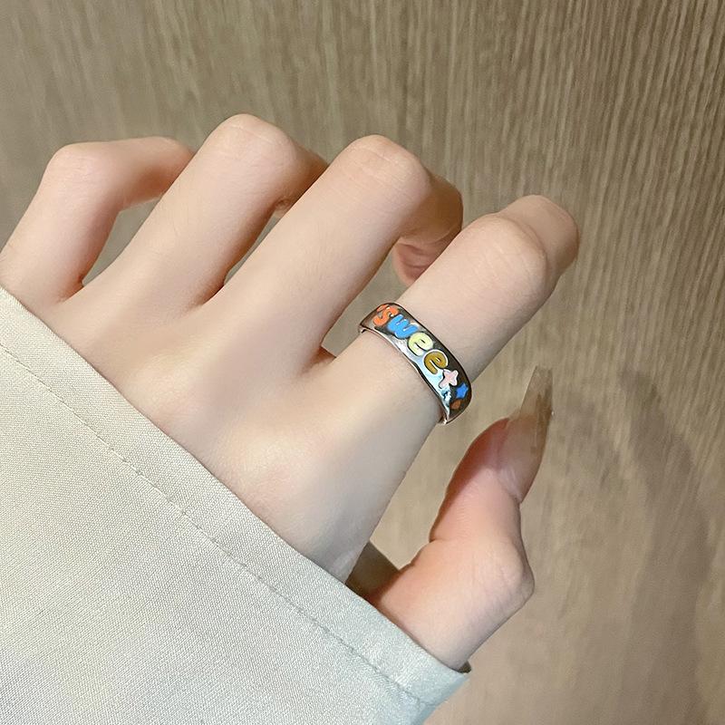 

Rainbow Letters Niche Design Sense Simple Fashion Drip Retro Personality High Sense Open Ring Woman Adjustable opening